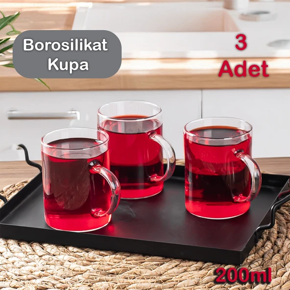 Porsima 6080 Borosilikat Isıya Dayanıklı Cam Kulplu Çay Bardağı Kahve Ve Çay Kupası 3'lü 200ml