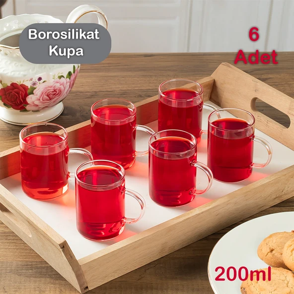 Porsima 6080 Borosilikat Isıya Dayanıklı Cam Kulplu Çay Bardağı Kahve Ve Çay Kupası 6'lı 200ml