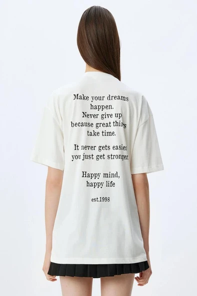 Koton Oversize Arkası Baskılı Sloganlı Bisiklet Yaka Kısa Kollu Tişört - Resim 4