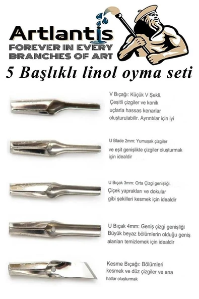 Linol Oyma Seti 7 Parça 1 Paket Linol Oyma Kesme Bıçak Seti 5 Bıçaklı Linolyum Baskı Ahşap Saplı - 2