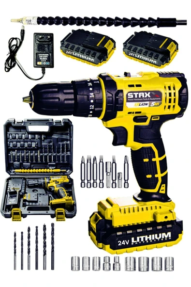 STAXX POWER  24 V 5 Ah Darbeli Metal Dişli Şanzuman Çift Akülü Şarjlı Vidalama Matkap Çantalı Set