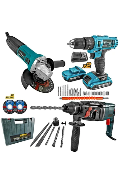 STAXX POWER  Profesyonel 3'lü Süper Set 2400w Taşlama, Lion Çift Akülü Matkap, 3400w Hilti Hediyeli Full Set