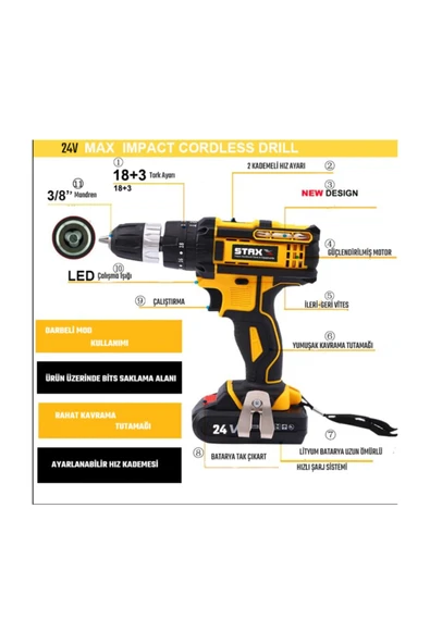 STAXX POWER  Speed 24v 5 Ah Darbeli Çift Akülü Şarjlı Vidalama Matkap Metal Dişli Şanzuman Çantalı Set - 2