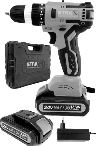 STAXX POWER  24v 5ah Pro Multi Kömürsüz Gri Seri Motor Çift Akülü Şarjlı Vidalama Matkap Seti