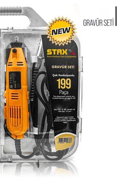 STAXX POWER  Super199 199 Parça 500w Devir Ayarlı Hobi Gravür Oyma Makinesi Taşlama Zımpara Seti + Şaft Kablosu - 5