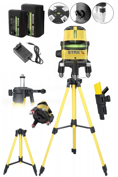 STAXX POWER  2 Çizgili Yatay Ve Dikey Yeşil Lazer Ölçüm Hizalama 30m Mesafe x2Ad Bataryalı Seviye Ölçme +Tripod