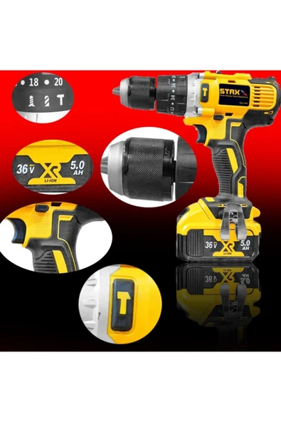 STAXX POWER  36v 5 Ah Darbeli Çift Akülü Şarjlı Matkap Force Metal Mandren + 24 Parça Uç - 4