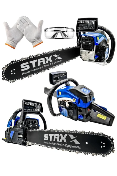 staxx  Blue Turbo520 Seri Çift Egzos Ağaç Odun Dal Kesme Makinesi Benzinli Hızar Testere 52cc 3.2 Hp 50cm