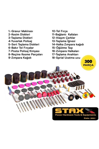 STAXX POWER  300 Parça 400 Watt 60.000 Rpm 6 Kademe Devirli Hobi Gravür Taşlama Zımpara Çantalı Set