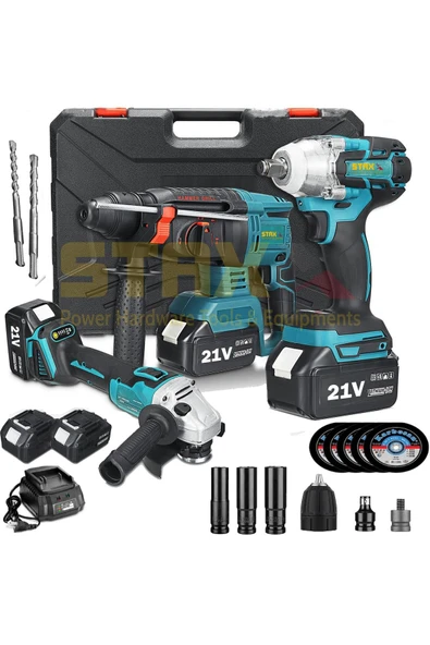 STAXX POWER  American Lion Çift Akülü 21v 3ah 3'lü Mega Set Kırıcı Delici + Somun Sıkma + Taşlama Makinesi 125mm