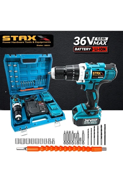 STAXX POWER  36v 5 Ah Darbeli Çift Akülü Şarjlı Matkap Force Metal Mandren + 24 Parça Uç Hediyeli 2 Yıl Garantili - 2