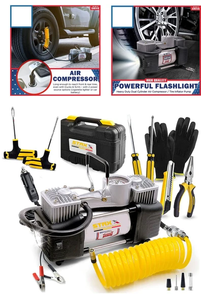 STAXX POWER  Profesyonel Çift Pistonlu Metal Hava Kompresörü 12 V 150 Psi Araba Lastik Bot Şişirme Full Çanta Set - 2