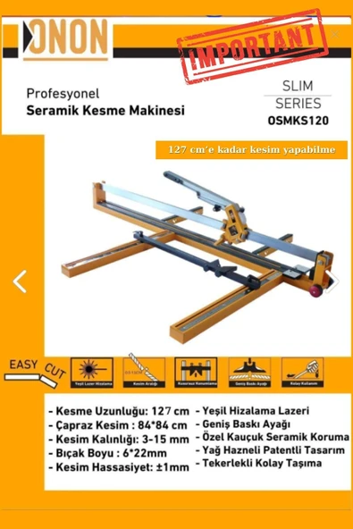 STAXX POWER  Onon 120 cm Seramik Fayans ve Granit Kesim Makinesi - Yeşil Lazer Teknolojisi Hassas Kesim - 3