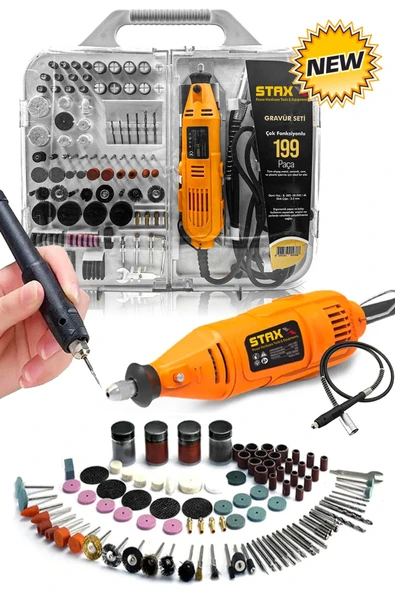STAXX POWER  Super199 199 Parça 500w Devir Ayarlı Hobi Gravür Oyma Makinesi Taşlama Zımpara Seti + Şaft Kablosu - 2