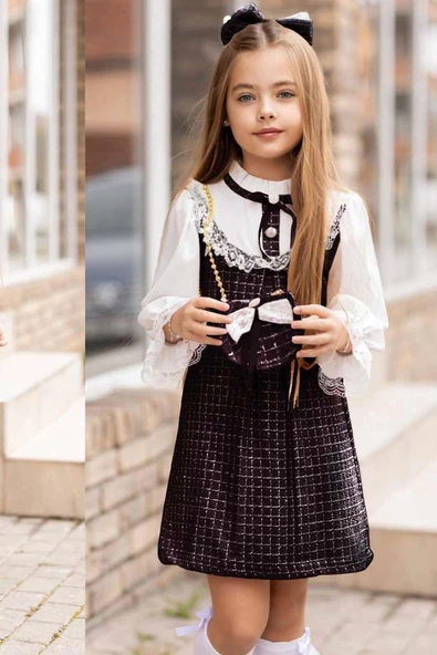 Kız Çocuk Kol Uçları ve Göğsü Dantel İşlemeli Triko Siyah Elbise - Resim 2