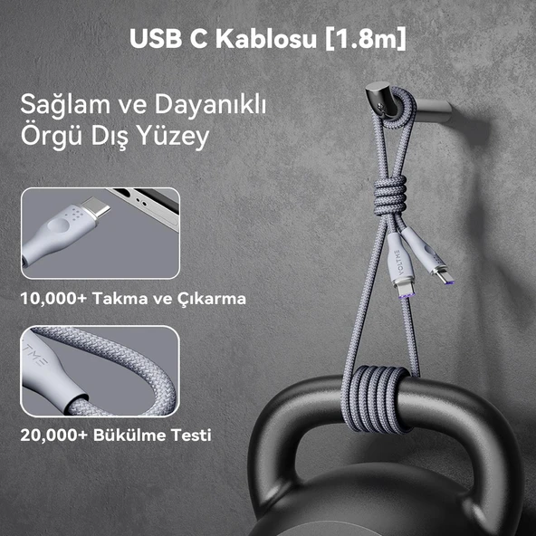 VOLTME C2064 Powerlink Rugg 100W Type-C Şarj Kablosu 1.8M 5A- Gri - 2