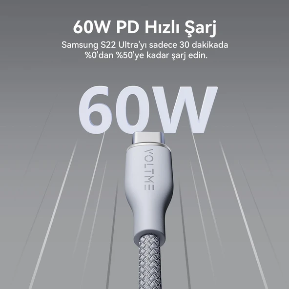 VOLTME C2048 Powerlink Rugg 60W USB to Type-C Şarj Kablosu 1.8M 3A- Gri - 3