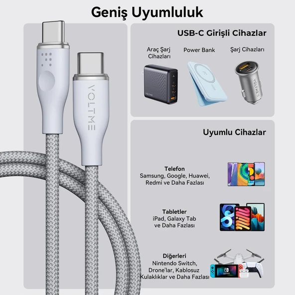 VOLTME C2052 Powerlink Rugg 60W Type-C Şarj Kablosu 1M 3A-Gri - 6