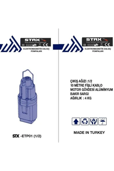 STAXX POWER  Staxx Pro Çelik Gövdeli Titreşimli Dalgıç Su Pompası Dalgıç Motoru 1/2'' 35mt Su Çeker - 3
