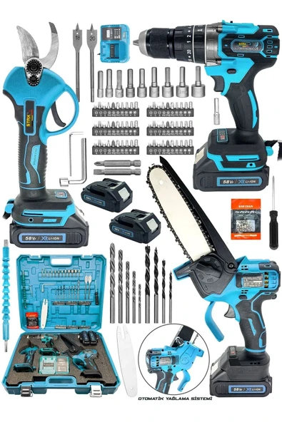STAXX POWER  9900 Muhteşem Mega Set Çift Akülü Şarjlı Dal Ağaç Kesme Testere + Bağ Budama Makası + Akülü Vidalama