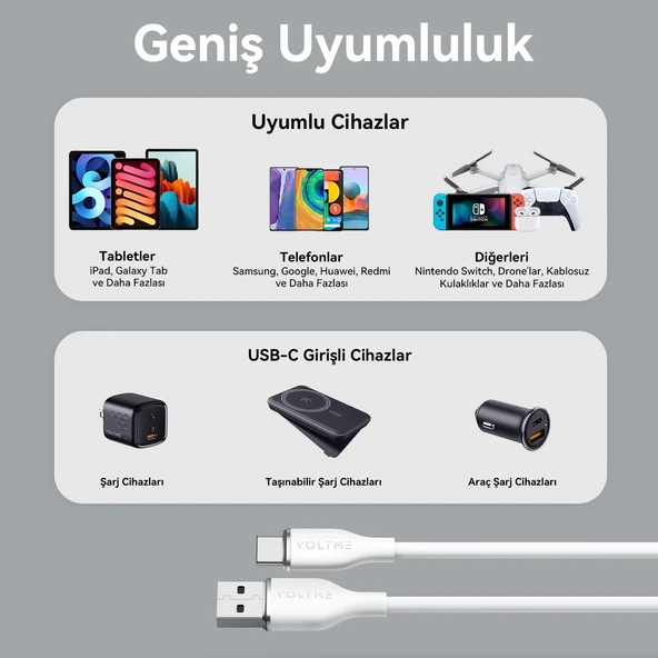 VOLTME C2006 Powerlink Moss 60W USB to Type C Şarj Kablosu 1.8M 3A- Beyaz - 6