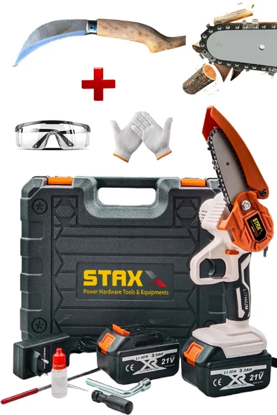 staxx  21v 3ah Super Seri 2x Çift Akülü 12 cm Pala Dal Budama Bıçkı Makinası + Fındık Çakısı Hediyeli Set