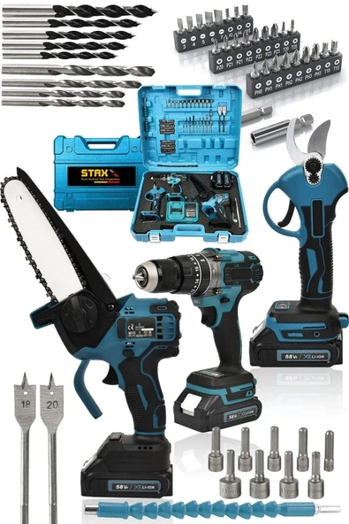 STAXX POWER  84 Parçalı Mega Set Çift Akülü Şarjlı Dal Ağaç Kesme Testere + Bağ Budama Makası + Akülü Vidalama - 3
