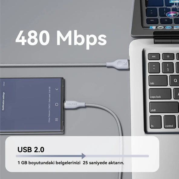 VOLTME C2044 Powerlink Rugg 60W USB to Type-C Şarj Kablosu 1M 3A -Gri - 4