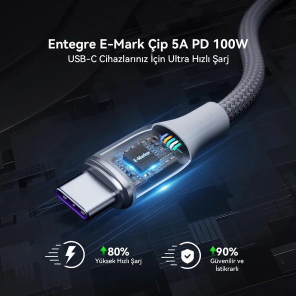 VOLTME C2060 Powerlink Rugg 100W Type-C Şarj Kablosu 1M 5A- Gri - 5