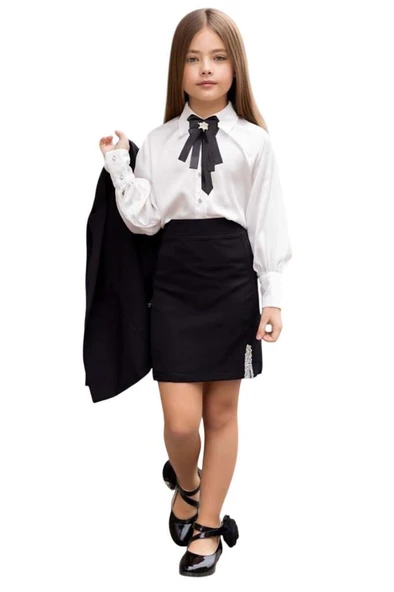 Kız Çocuk Elmas Taş Detaylı Hakim Yaka Blazer Ceket Kol Uçları Taş Düğme Gömlek Siyah Etekli Takım - 3