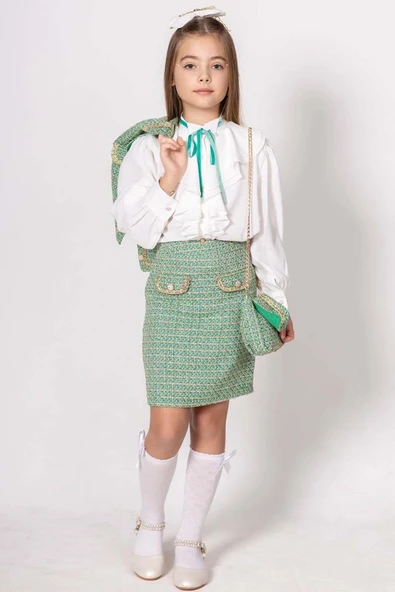 Kız Çocuk Gold Şerit Detaylı Blazer Ceket Yakası Asimetrik Kesim Gömlek Triko Yeşil Etekli Takım - Resim 5
