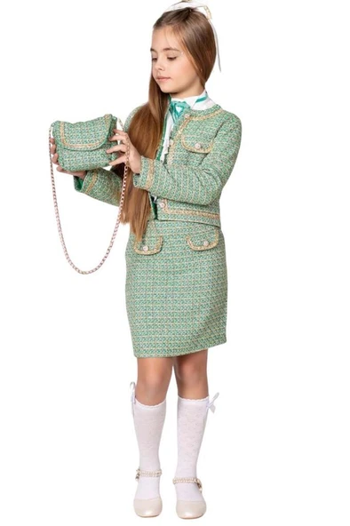 Kız Çocuk Gold Şerit Detaylı Blazer Ceket Yakası Asimetrik Kesim Gömlek Triko Yeşil Etekli Takım ürün görseli