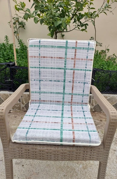 1 Adet Komutan Arkalıklı Sandalye Minderi, Extra Kalın (Kalınlık 5cm)-Ekose Yeşil