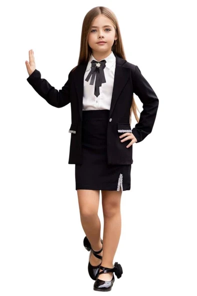 Kız Çocuk Elmas Taş Detaylı Hakim Yaka Blazer Ceket Kol Uçları Taş Düğme Gömlek Siyah Etekli Takım