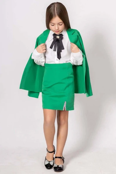 Kız Çocuk Elmas Taş Detaylı Hakim Yaka Blazer Ceket Kol Uçları Taş Düğme Gömlek Yeşil Etekli Takım - 4