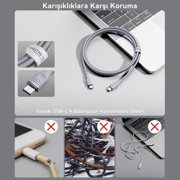 VOLTME C2060 Powerlink Rugg 100W Type-C Şarj Kablosu 1M 5A- Gri - 6