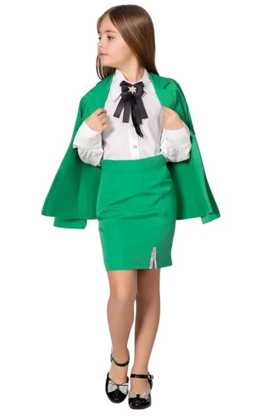 Kız Çocuk Elmas Taş Detaylı Hakim Yaka Blazer Ceket Kol Uçları Taş Düğme Gömlek Yeşil Etekli Takım - 2
