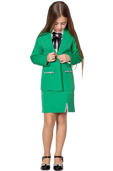 Kız Çocuk Elmas Taş Detaylı Hakim Yaka Blazer Ceket Kol Uçları Taş Düğme Gömlek Yeşil Etekli Takım - 3