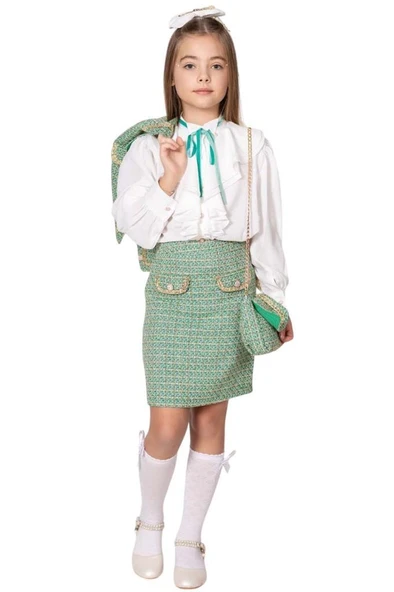 Kız Çocuk Gold Şerit Detaylı Blazer Ceket Yakası Asimetrik Kesim Gömlek Triko Yeşil Etekli Takım - Resim 2
