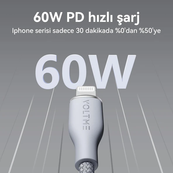 VOLTME C2111 Powerlink Rugg 60W USB to Lightning Şarj Kablosu 1.2M 3A- Gri - 2