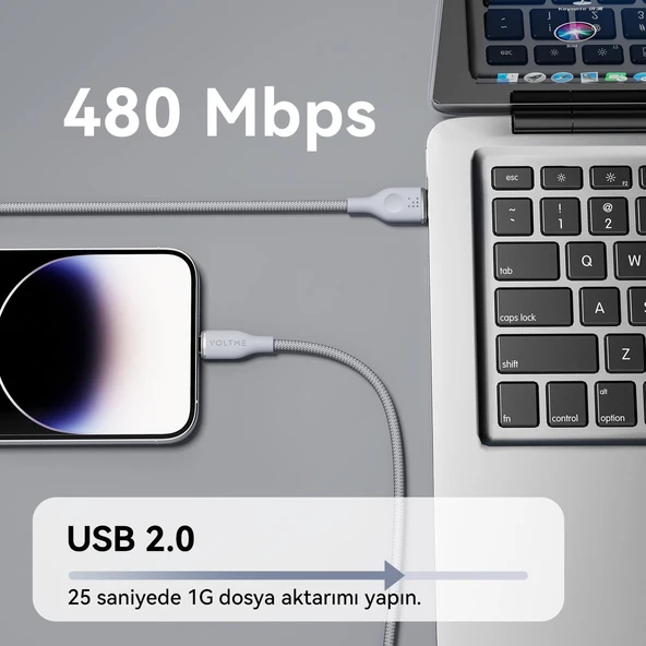 VOLTME C2111 Powerlink Rugg 60W USB to Lightning Şarj Kablosu 1.2M 3A- Gri - 4