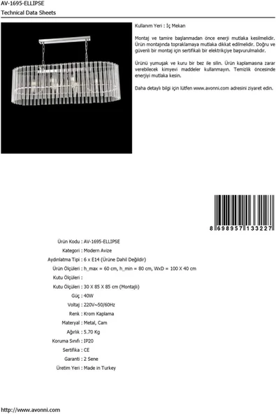 Avonni AV-60083-ELLIPSE Krom Kaplama Modern Avize - 2