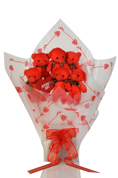 Sevimli Peluş Panda ile Premium Yumoş Kırmızı Peluş Ayıcık Buketi - 2