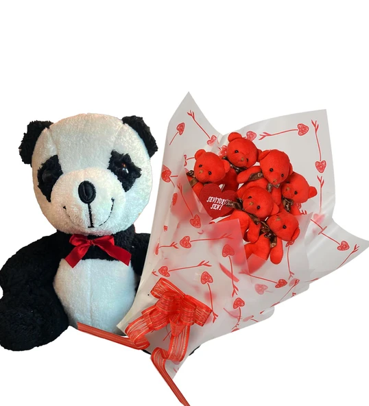 Sevimli Peluş Panda ile Premium Yumoş Kırmızı Peluş Ayıcık Buketi - 5