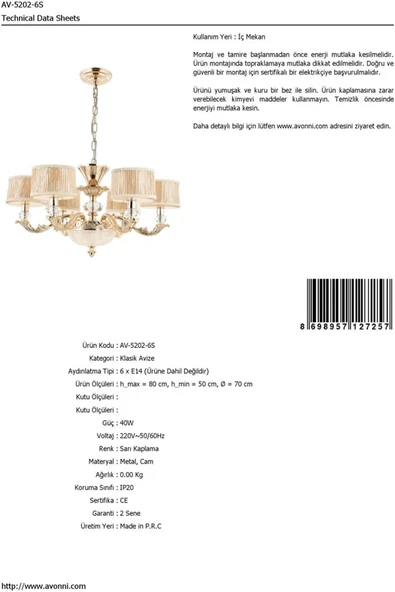 Avonni AV-5042-65-6S 6xE14 Sarı Kaplama Metal Klasik Avize - 4