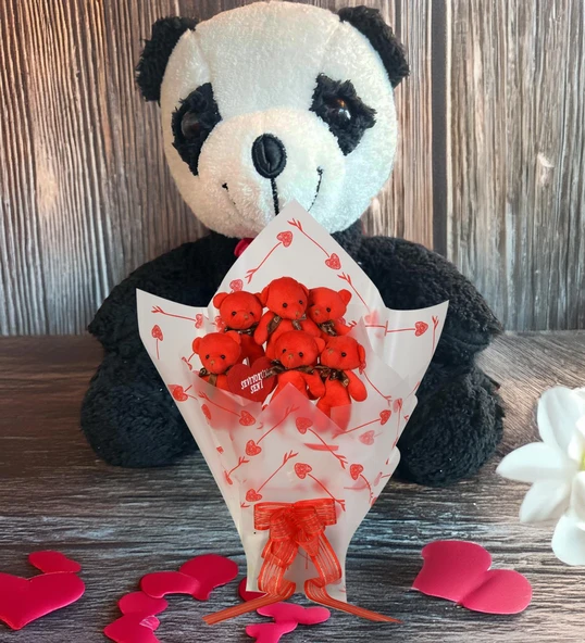 Sevimli Peluş Panda ile Premium Yumoş Kırmızı Peluş Ayıcık Buketi - 3