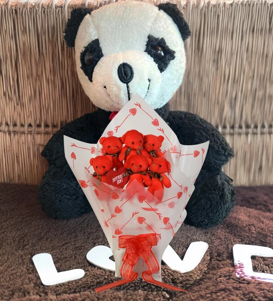 Sevimli Peluş Panda ile Premium Yumoş Kırmızı Peluş Ayıcık Buketi - 7