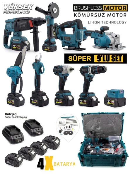 Germany Style Kömürsüz 9'lu Set Kırıcı-Matkap-Dekupaj-Daire Testere-Budama Testeresi-Makas-Taşlama