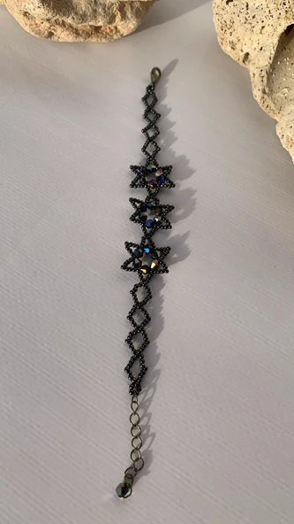 Koyu Hologram ve Antrasit Renkli Yıldız Desenli Miyoki Boncuk Bileklik El Yapımı Hediyelik - 7