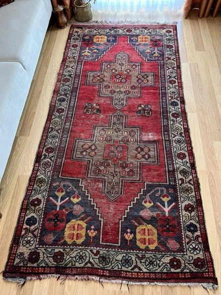 128x257 cm El Dokuma Nostaljik Halı, Harika Dekoratif Salon Halısı, Antika Severler için Kırmızı Halı, Uşak Halısı